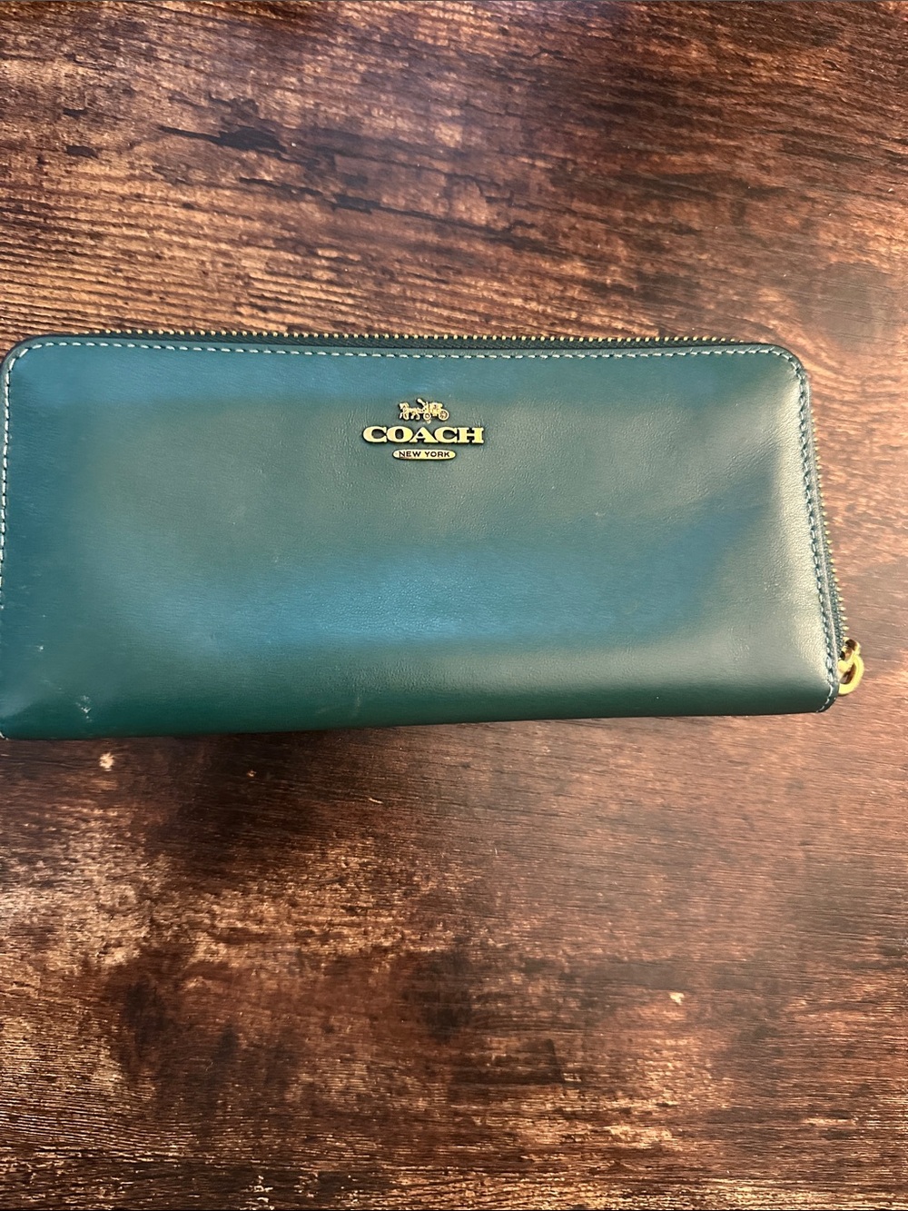 COACH Zip-Around Wallet in Teal Green with Gold Logo